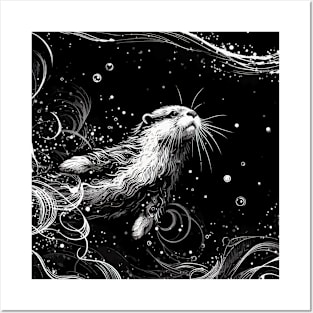 Monochromatic Abstract Outline Otter Swimming Underwater Posters and Art